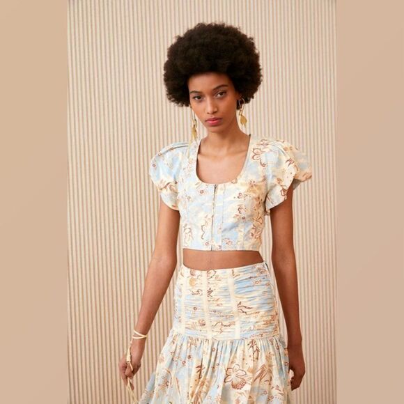 ULLA JOHNSON Kalena Floral Poplin Crop Top Puff Sleeve Front Zip Gardenia Sz 10 - Picture 4 of 15